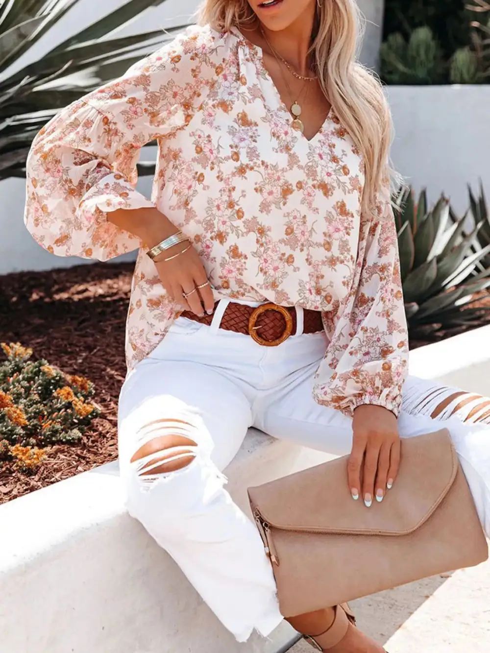 Floral Print V Neck Long Sleeve Blouse