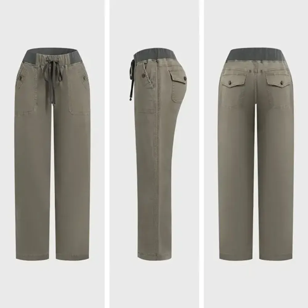 Solid Seam Detail Drawstring Mid Rise Straight Leg Pants