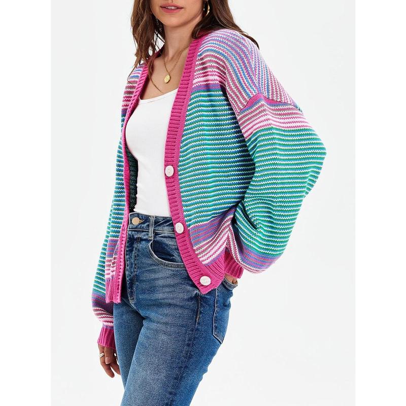 Womens Striped Cardigan Sweaters Oversized Puff Sleeve Button Up V Neck Color Block Knit Sweater Coat