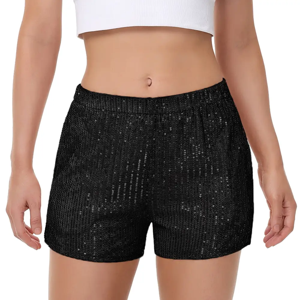 High-Waist Elastic-Waist Pocketed Straight Sequin Shorts