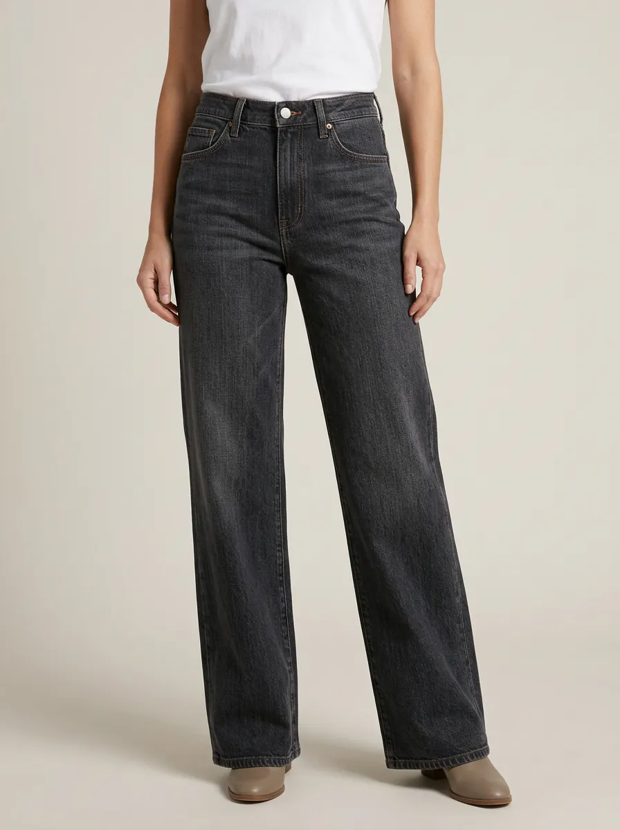 Simple-Essential High-Rise Wide-Leg Washed Denim Jeans