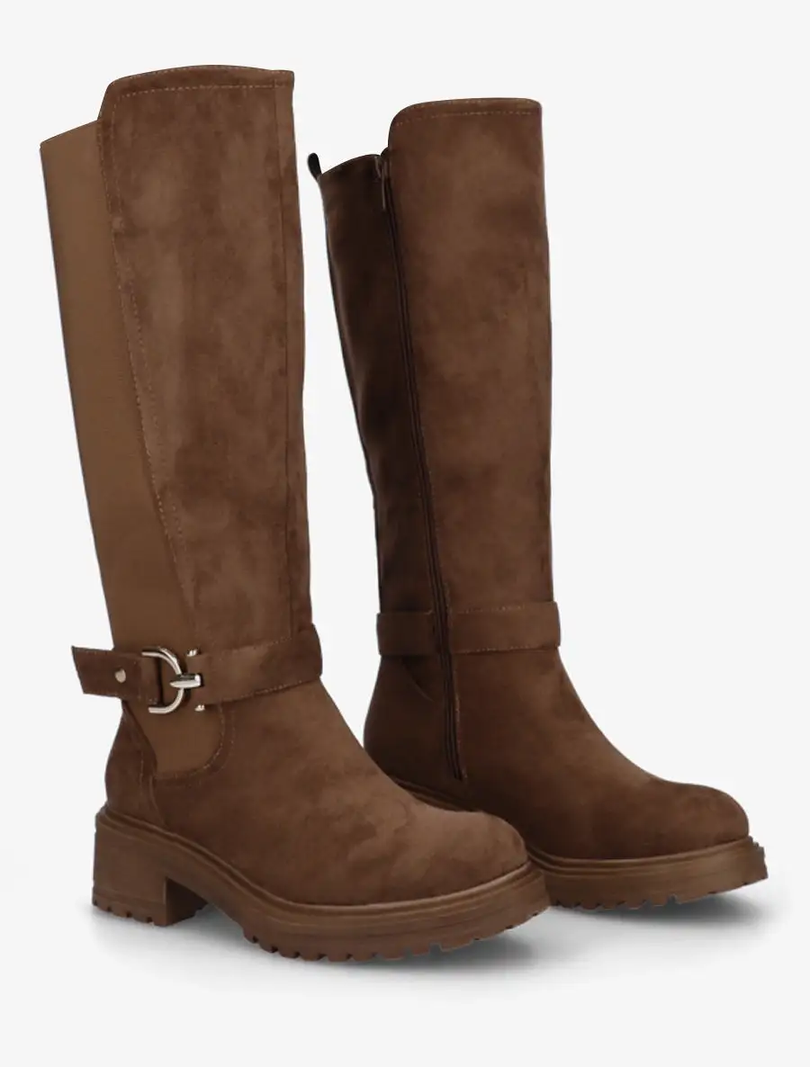 Classic Stretch Panel Strap Detail Block Heel Faux Suede Knee High Boots