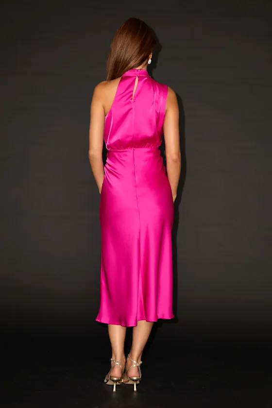 Distinctive Charm Red Orange Satin Asymmetrical Midi Dress