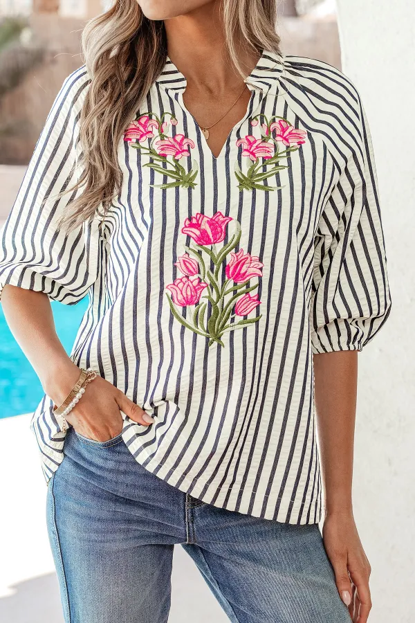 Striped Floral Embroidered Blouse