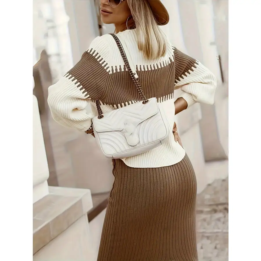 Two Tone Ribbed Knit Top and Skirt Sweater Set