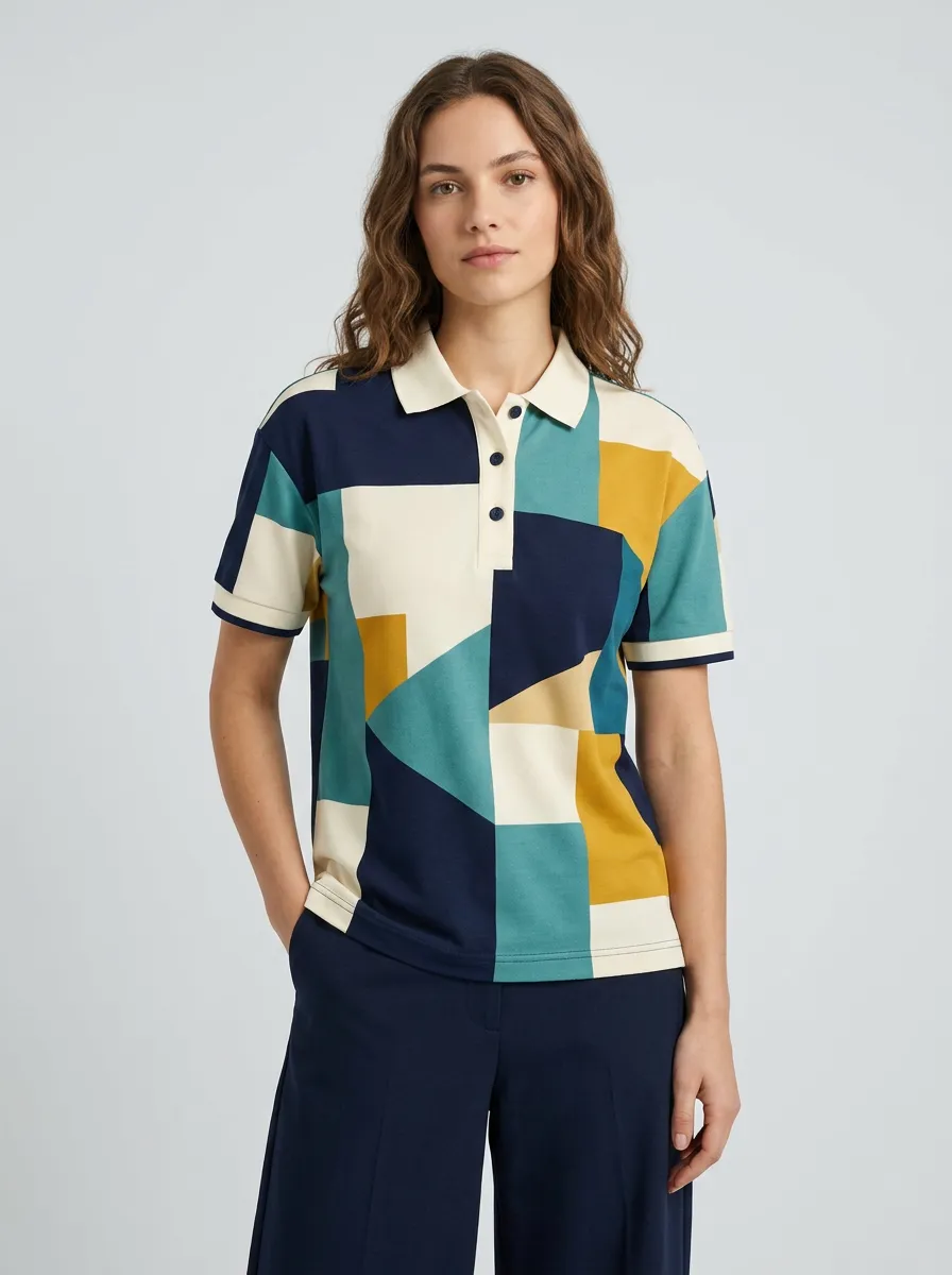 Women's Geometric Colorblock Polo Shirt
