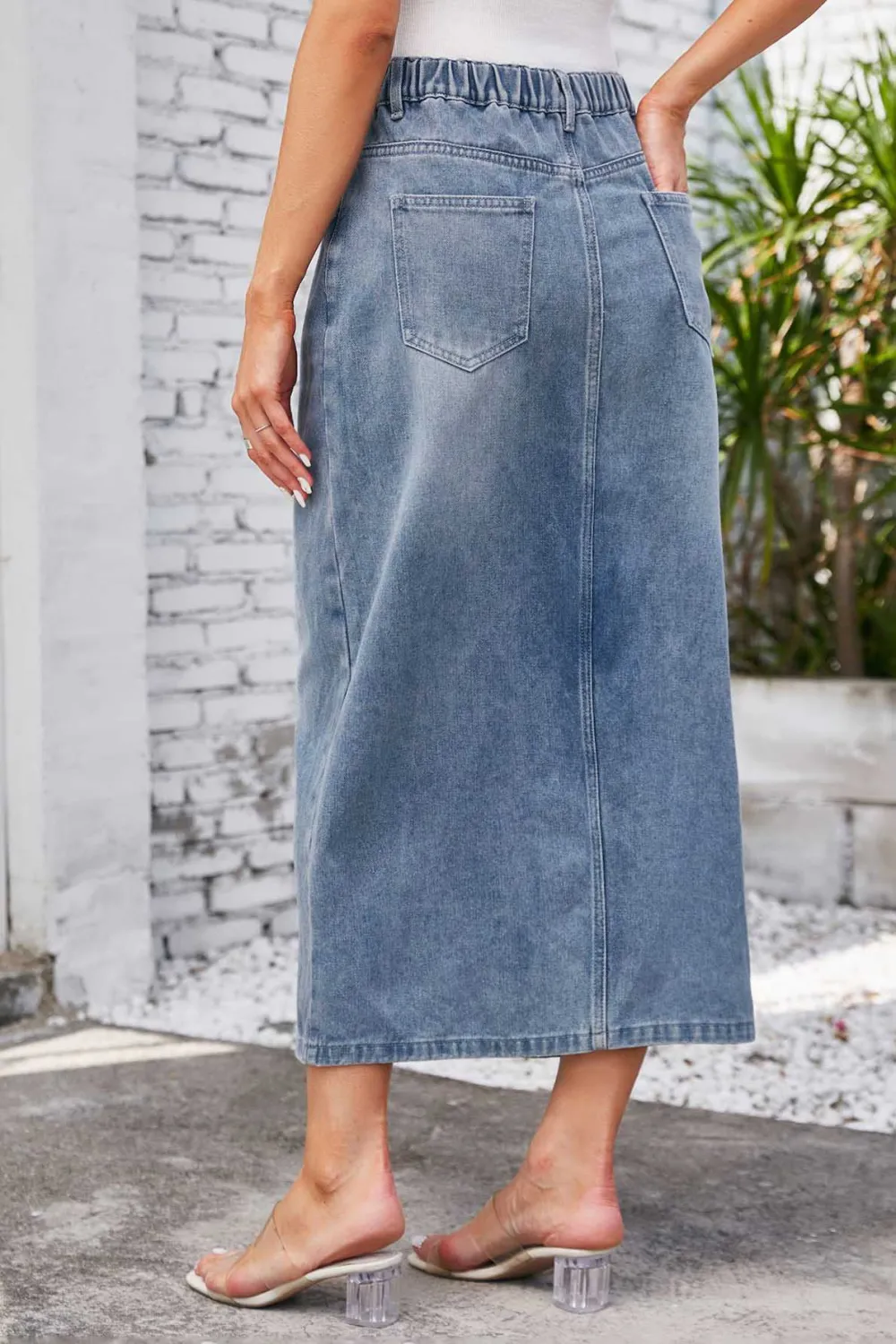 Elastic-Waist Denim Midi Skirt