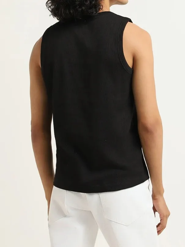 Black Ribbed Slim Fit Cotton-Blend Tank Tops