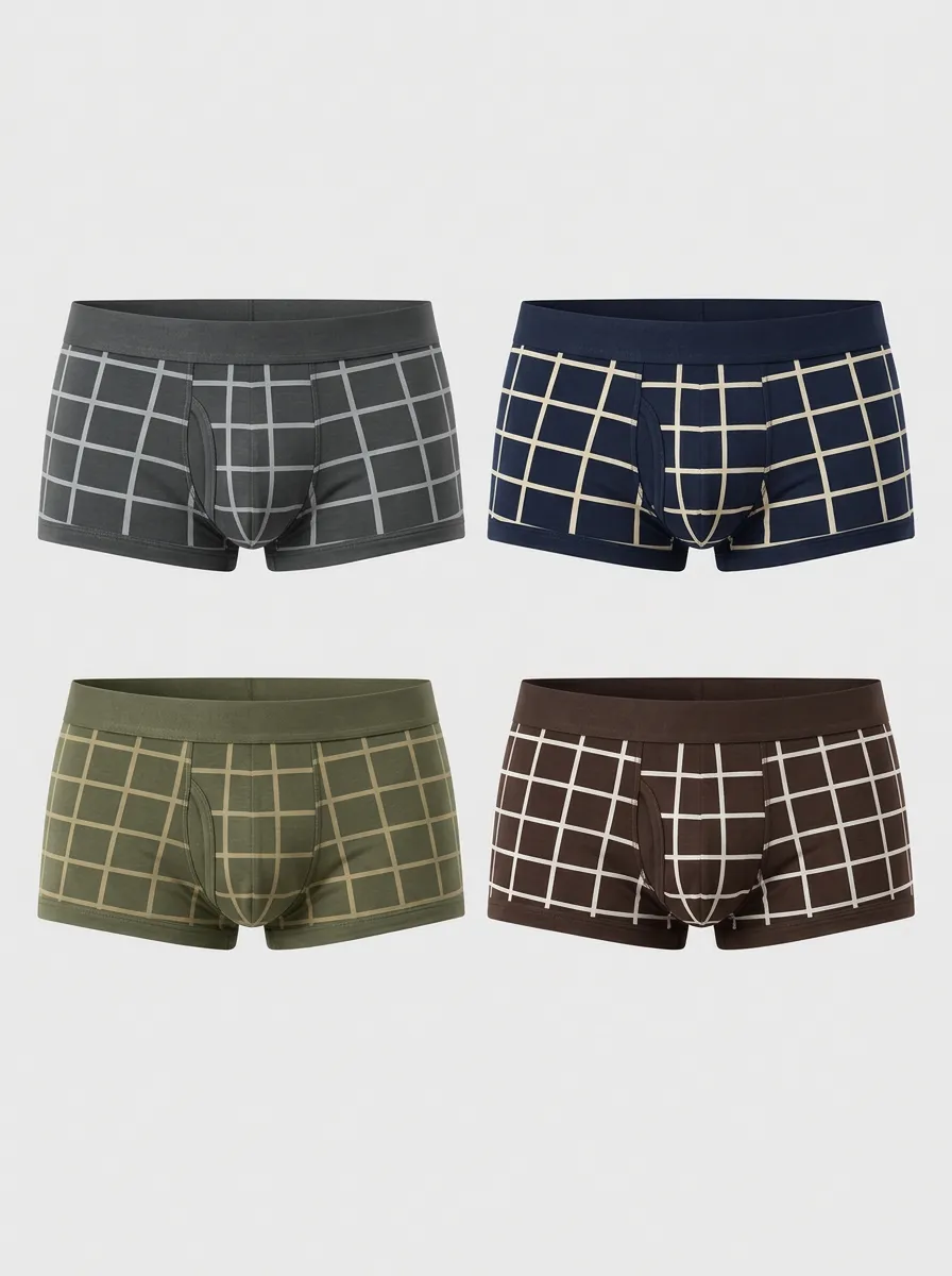 Men's Multicolor Grid Patterned Trunk Briefs 4-Pack