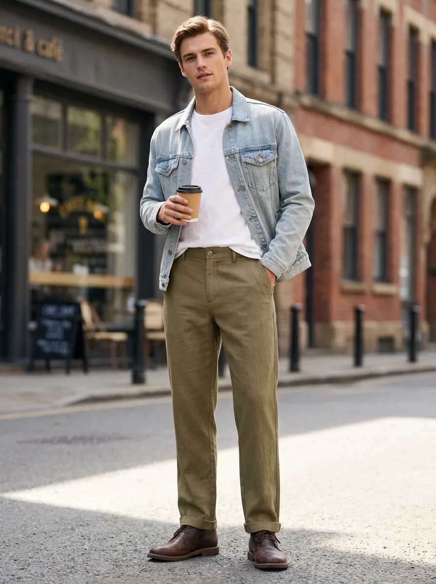 Men's Solid Olive Green Cotton Casual Chino Pants