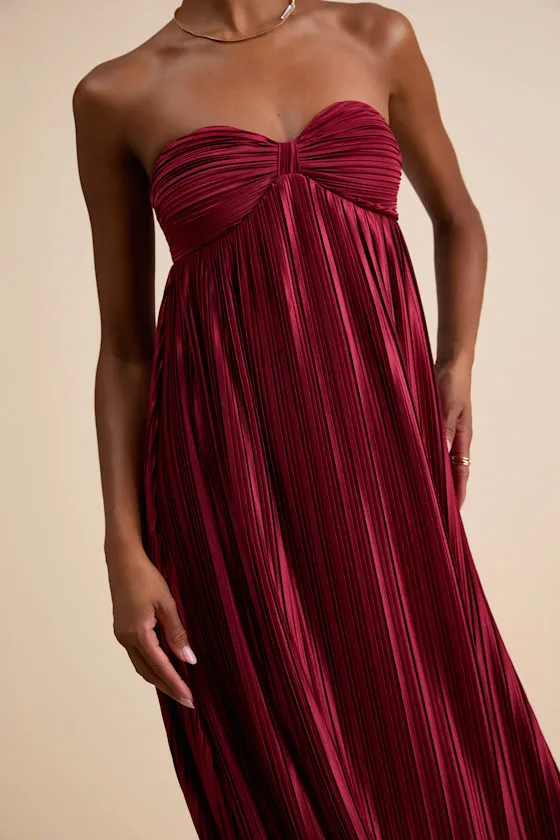 Whimsical Beauty Hot Pink Satin Plisse Strapless Maxi Dress