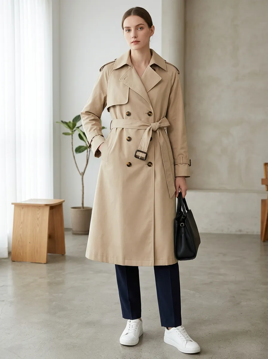Women's Classic Khaki Double-Breasted Belted Long Trench Coat