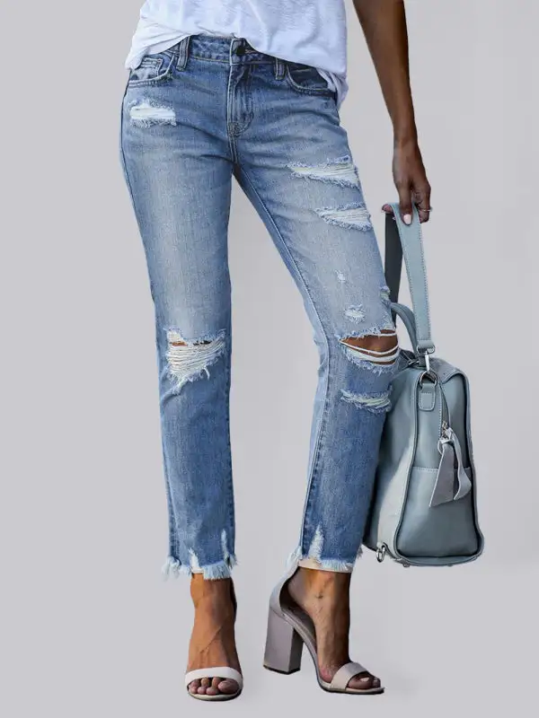 Straight Leg Ripped Denim Jeans