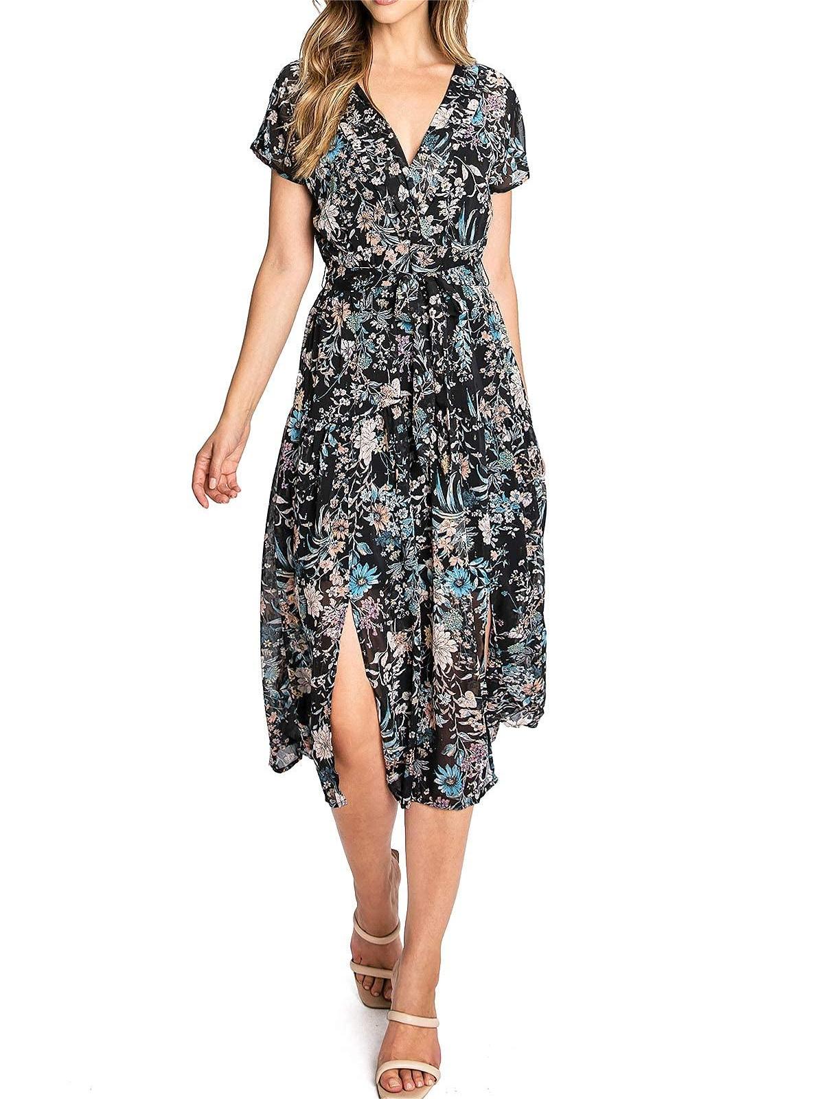 Black Floral Wrap - Style Midi Dress