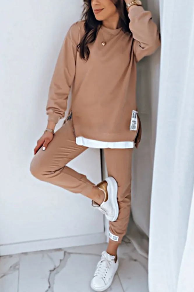 Women's Fashion Side Slit Fake Two-piece Top & Pants Two-piece Set