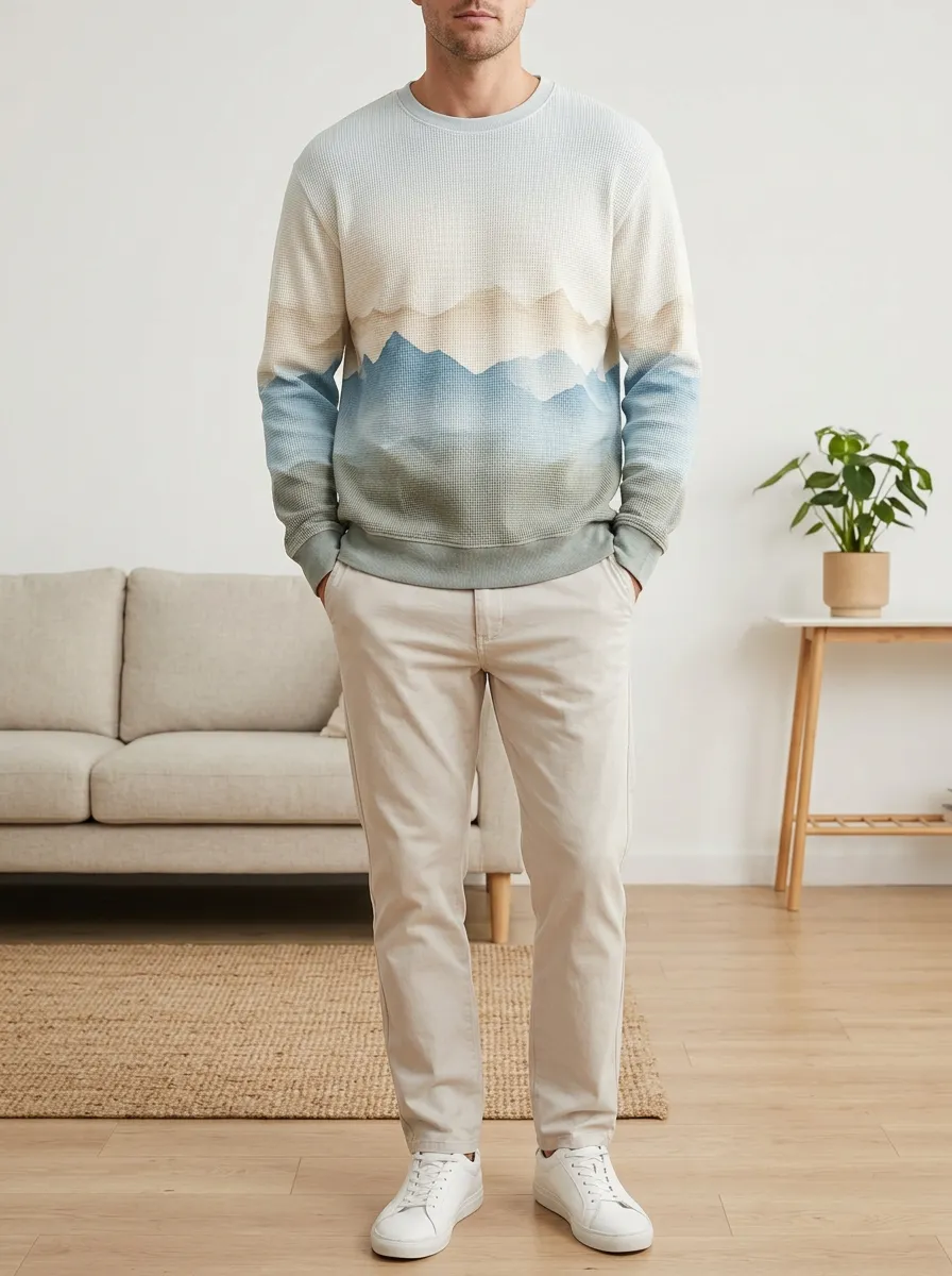 Men's Multi-Color Mountain Graphic Waffle Knit Crewneck Sweatshirt