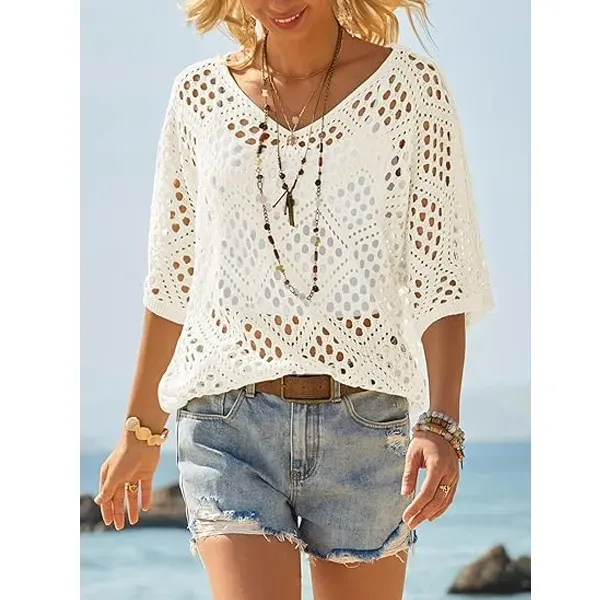 Women's Bohemian-Inspired Beige Crochet Top with V-Neck