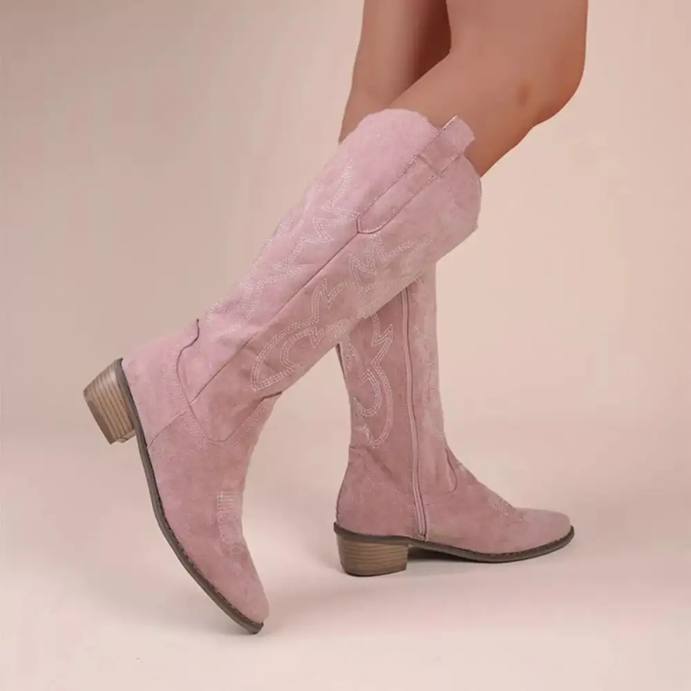 Smocked Point Toe Block Heels Boots