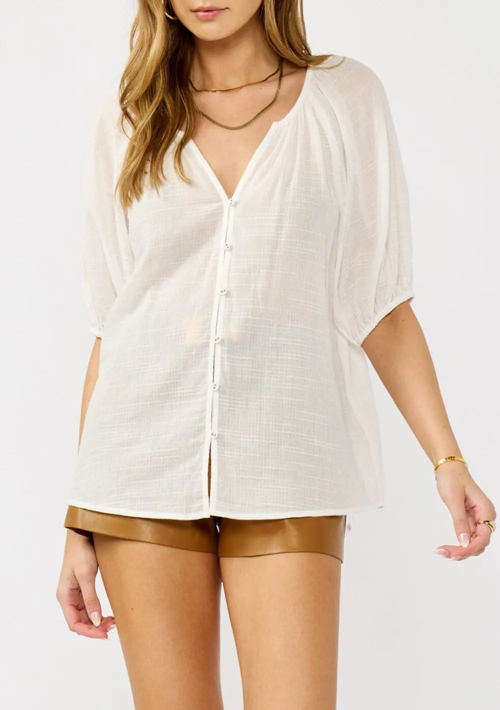 Notched Puff Sleeve Blouse