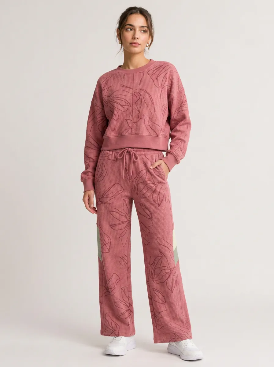 Women's Waffle Knit Floral Line Art Printed Lounge Set