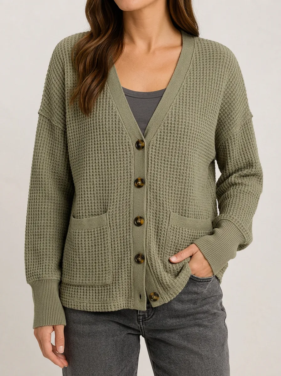 Textured Casual Waffle Knit Button Down Cardigan Top