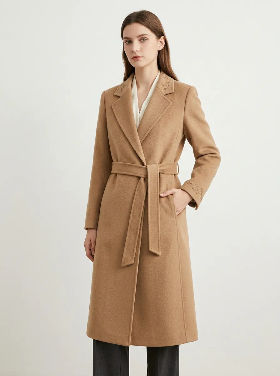 Women's Minimalist Floral Embroidery Camel Printed Coat
