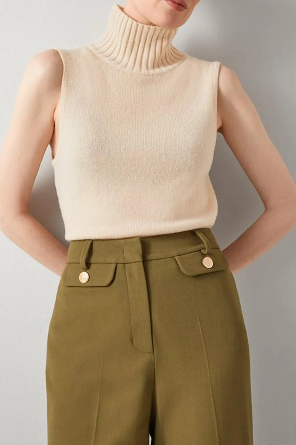 Beige Sleeveless Turtleneck Knit Sweater