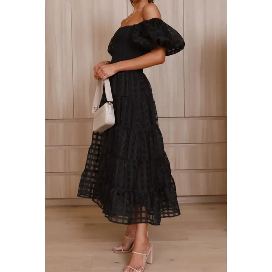 Off Shoulder Short Puff Sleeve Midi Dress