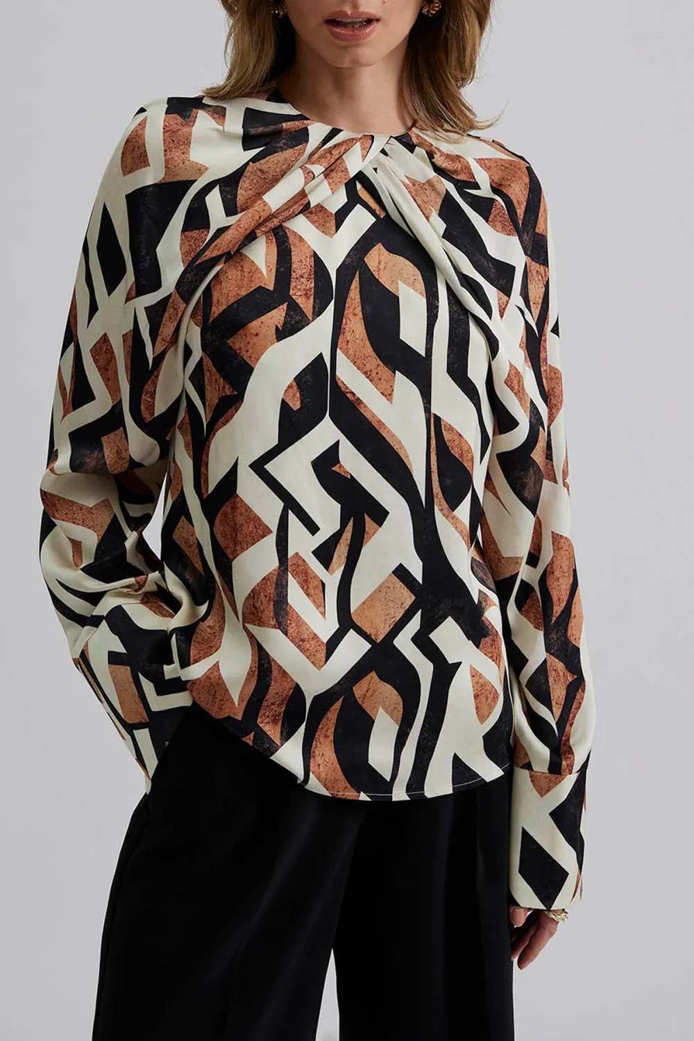 Geometric Print Bow Neck Blouse