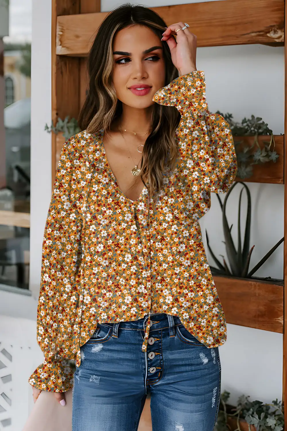 Floral Ruffle Trim Bubble Sleeve Blouse
