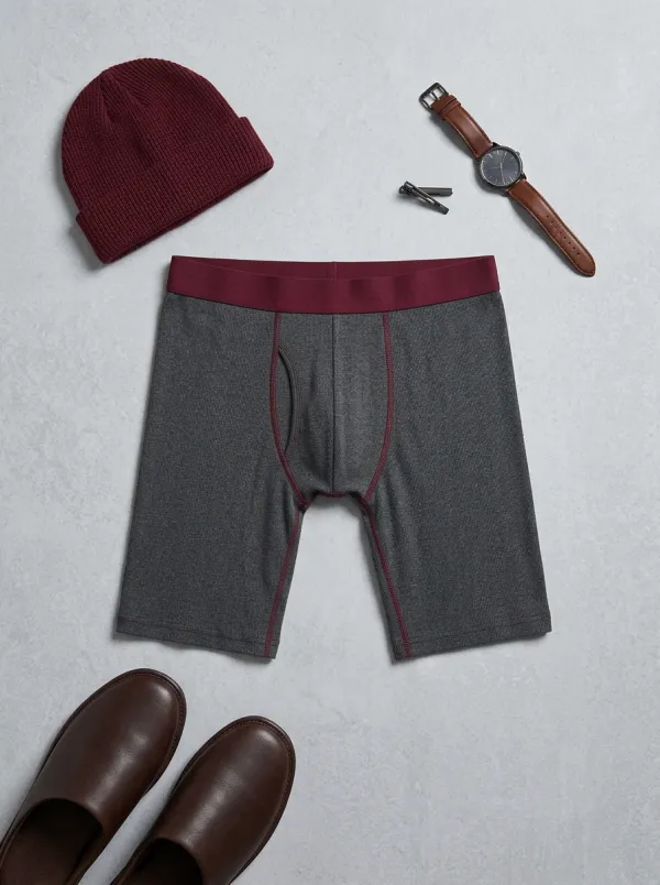 Men's Ribbed Charcoal Burgundy Contrast Stitch Boxer Briefs