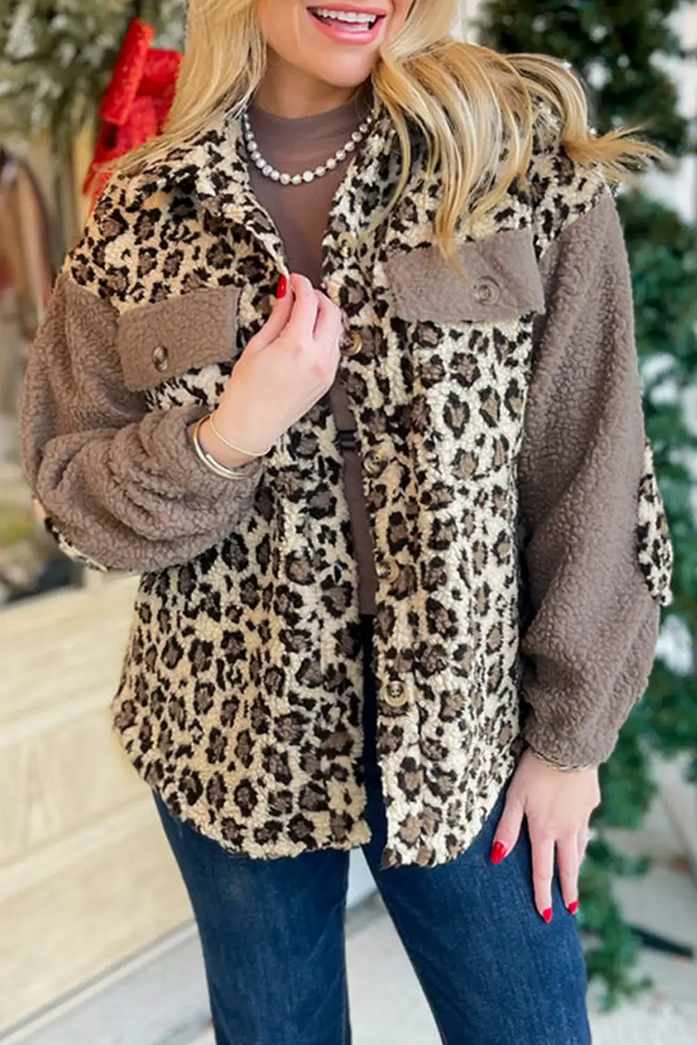 Sherpa Leopard Print Flap Pocket Collared Button-Up Jacket