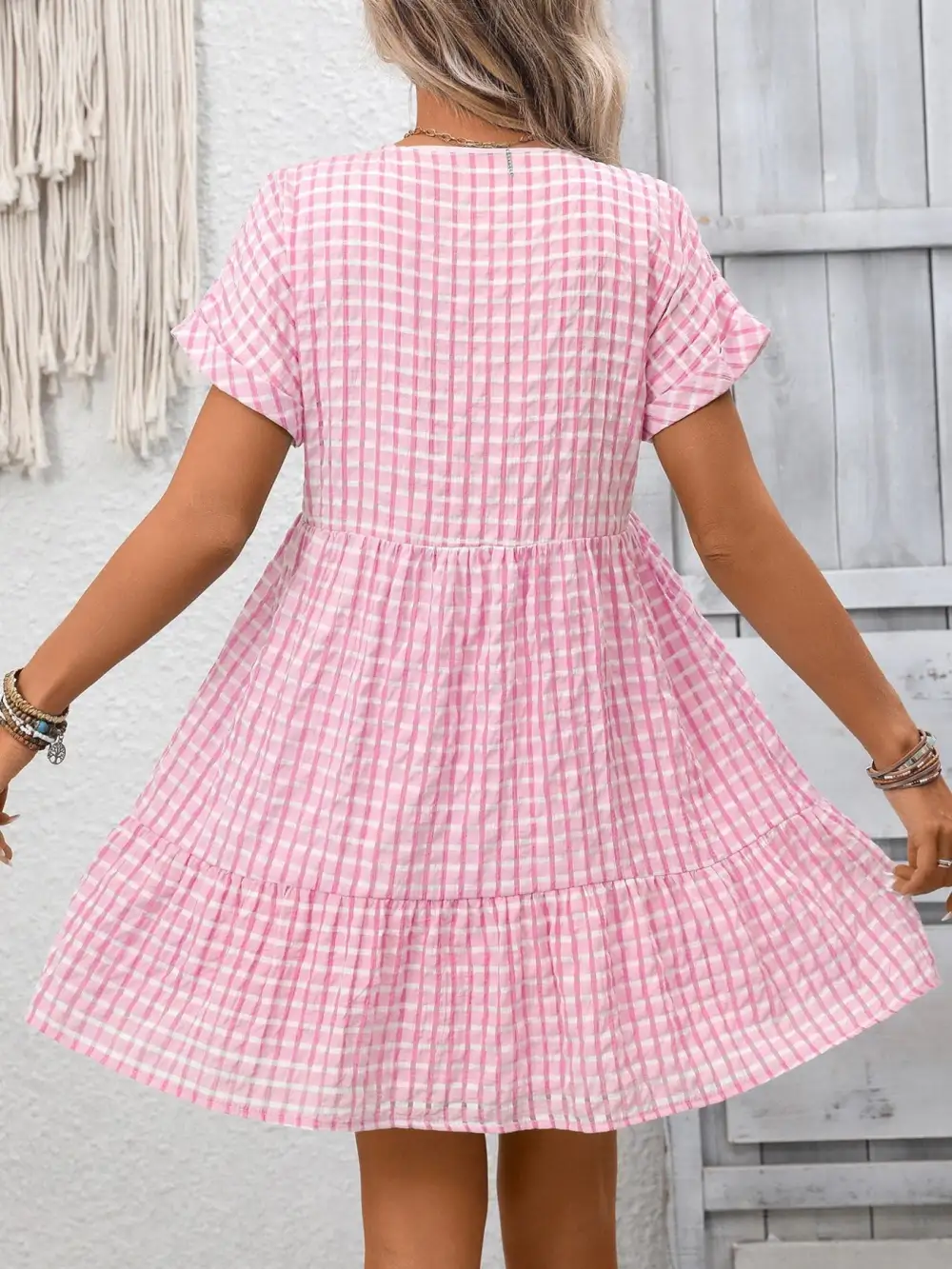Plaid V Neck Ruffle Mini Dress