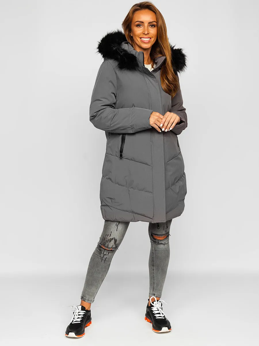 Women's Graphite Quilted Winter Jacket With Hood