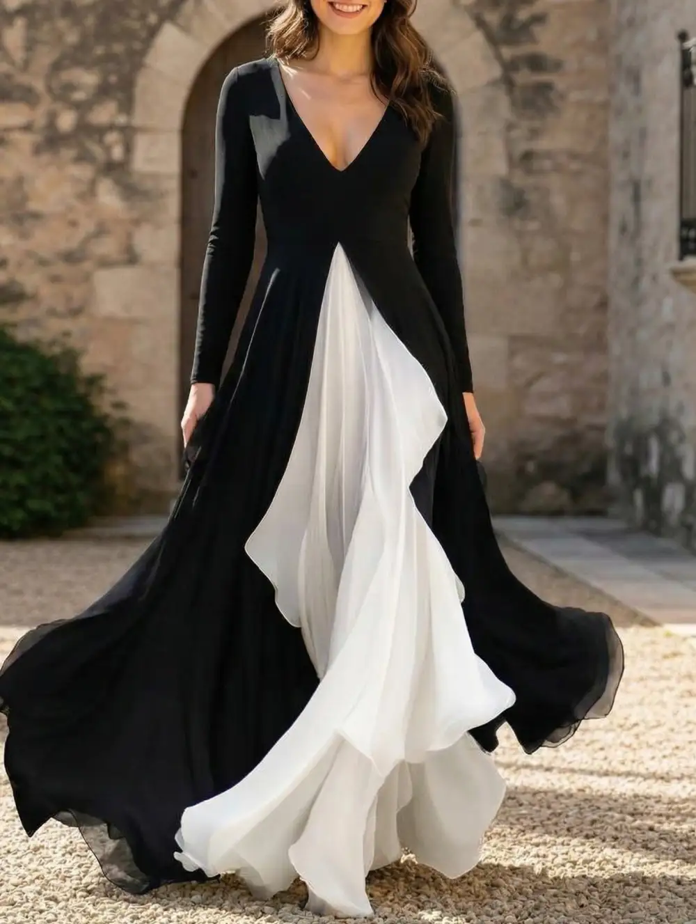 Refined V-Neck Colorblock Flare Maxi Dress