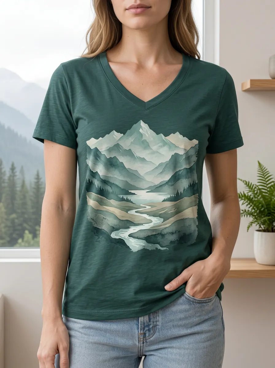 Women's Nature Lover Mountain River Watercolor Printed V-Neck T-Shirt
