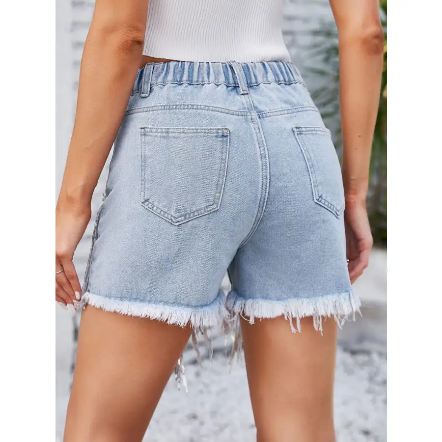 Distressed Pearl Trim Denim Shorts with Pockets