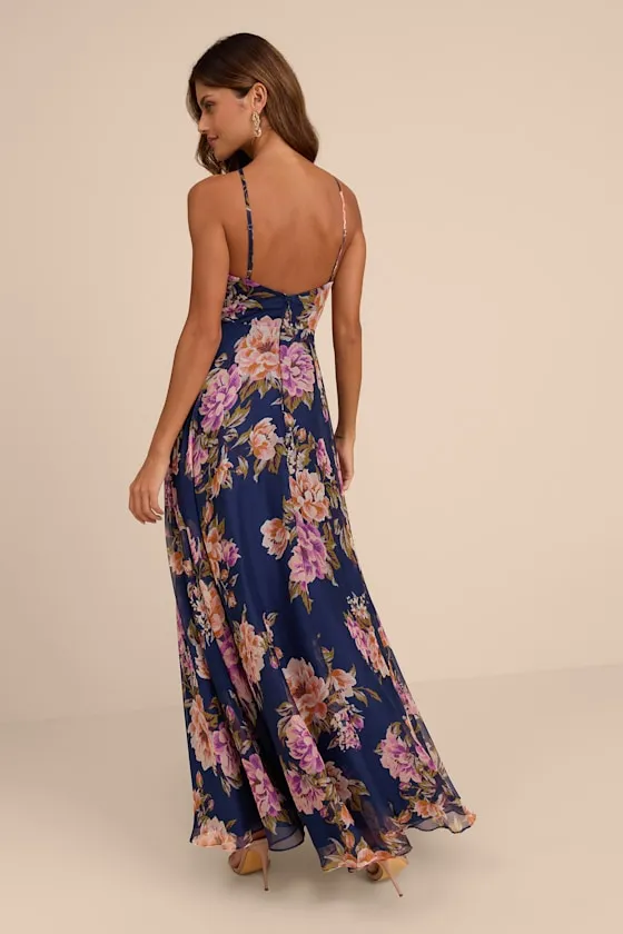 Romantic Marvel Navy Floral Print Halter Neck Maxi Dress