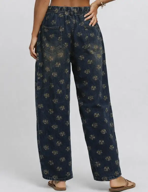 Pocket Floral Print Elastic Waist Barrel Leg Denim Pants