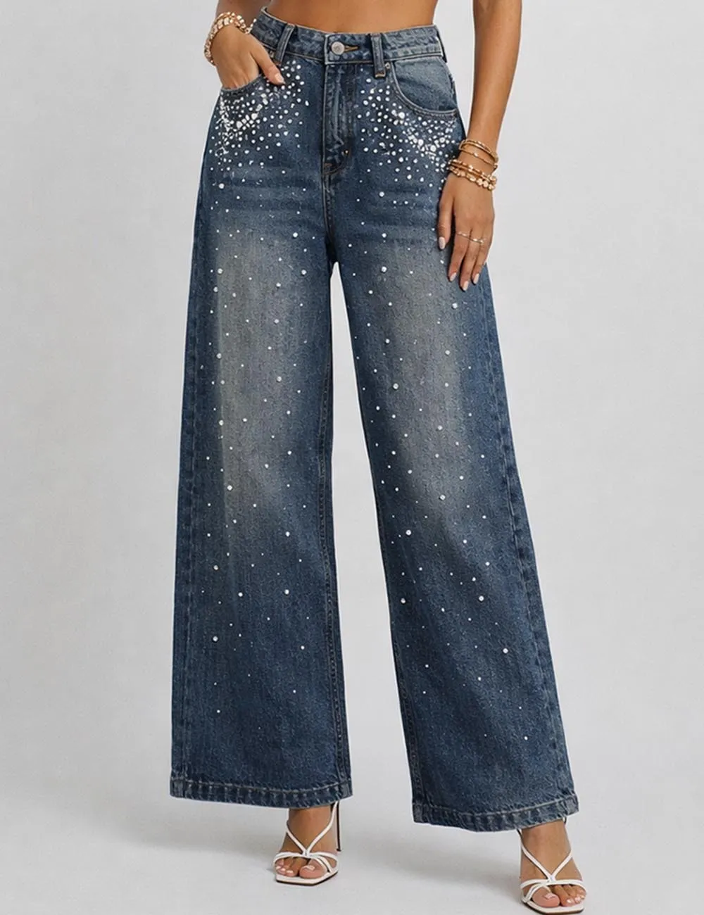 Faux Pearl Button Waist Wide Leg Denim Pants
