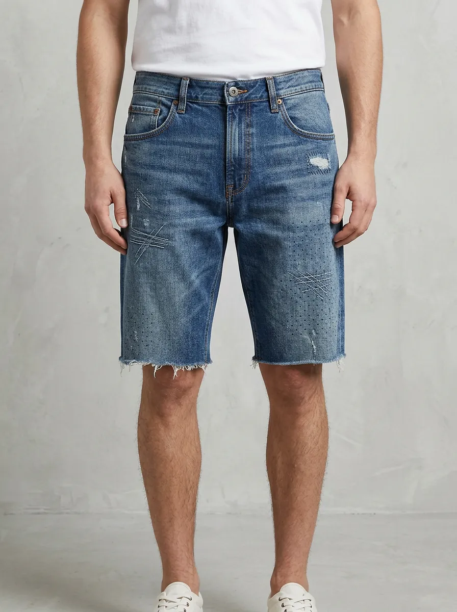 Men's Heritage Inspired Distressed Raw Hem Street Inspired Distressed Denim Shorts