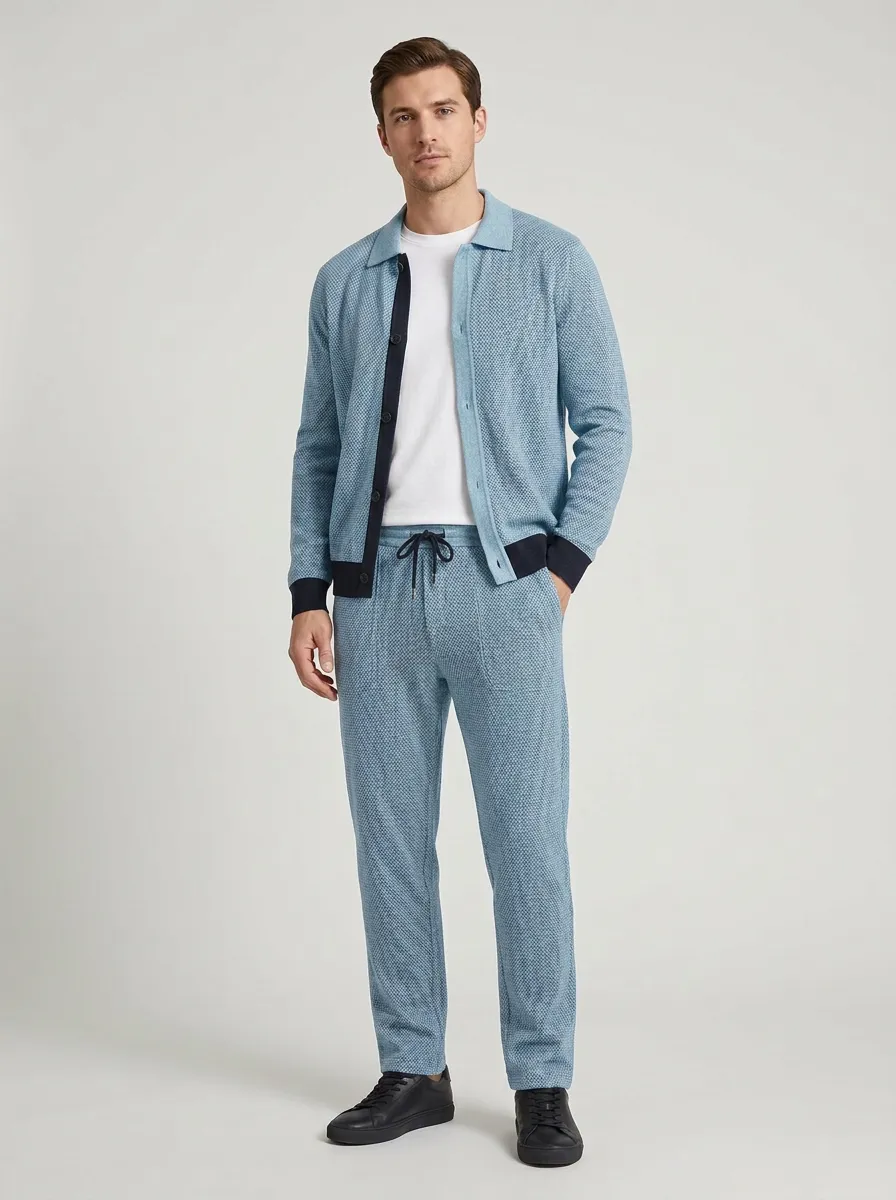 Men's Textured Textured Polo Collar Jacket and Jogger Pants Set
