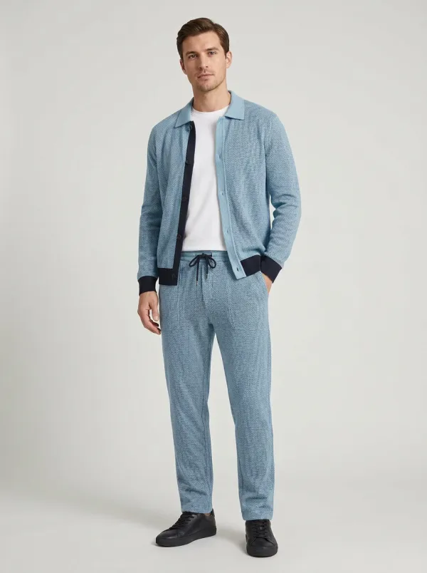 Men's Textured Textured Polo Collar Jacket and Jogger Pants Set