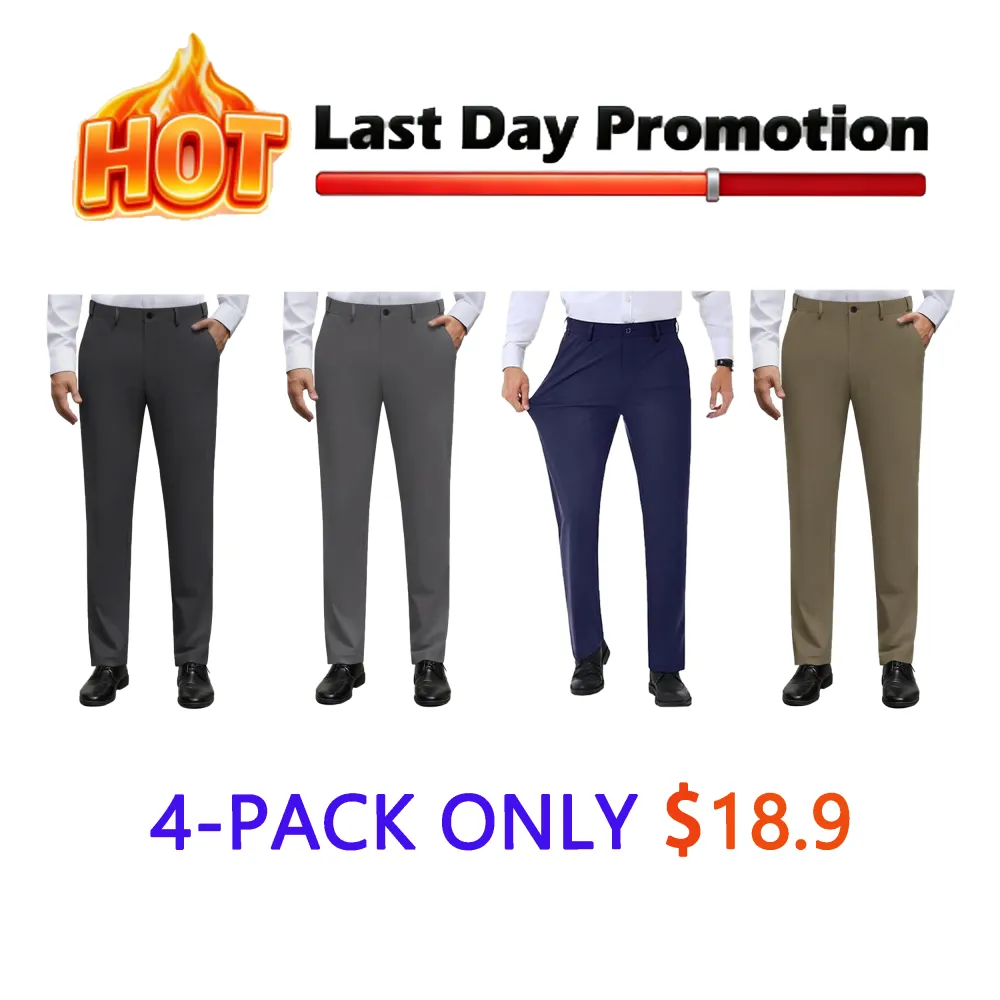 Men's No-Iron Stretch Dress Pants | Expandable Waist Flat Front Golf Pants for Business & Casual Wear