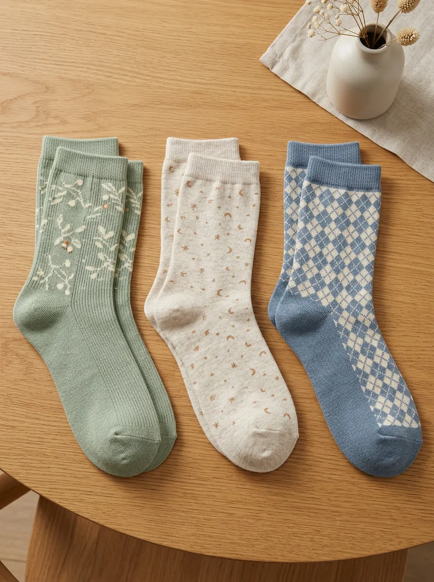 Women's Floral Moon Argyle Pattern Printed 3-Pack Socks