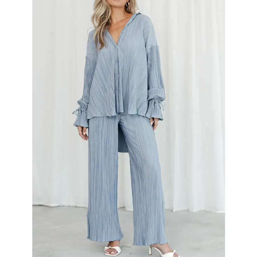 Button Up Long Sleeve Top and Pants Set