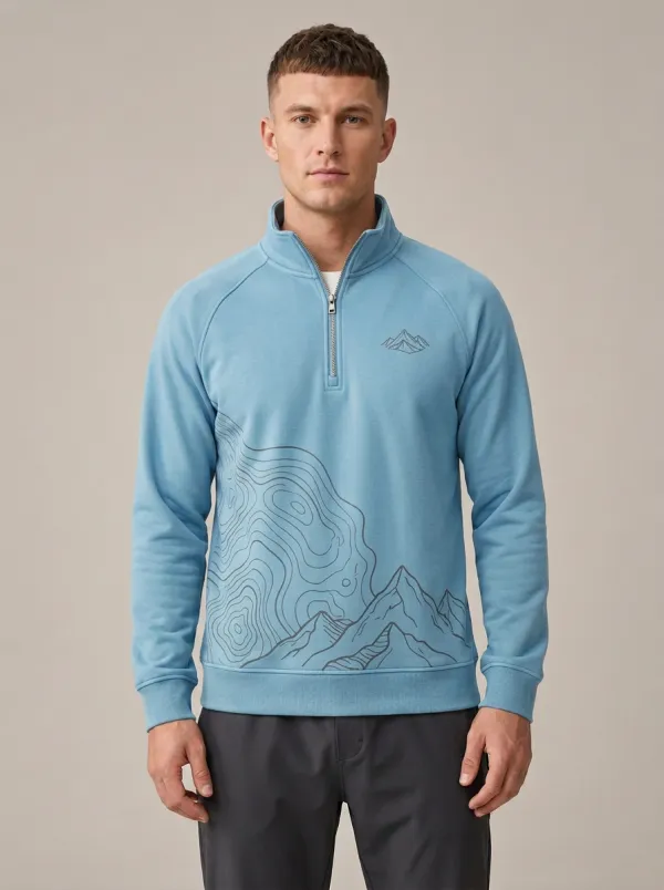Men's Outdoor Hiking Topographic Mountain Printed Quarter Zip Sweatshirt