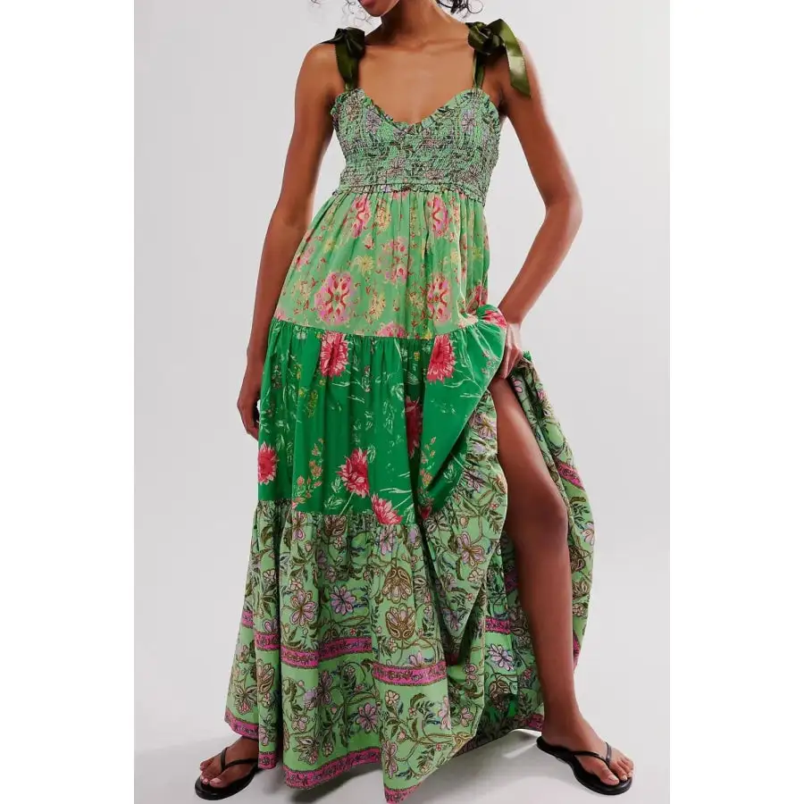 Floral Tiered Maxi Dress with Mixed Print Design
