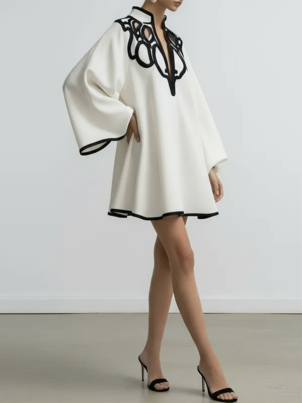 Flared Sleeve Relaxed Contrast Color Hollow Stand Collar Mini Dress