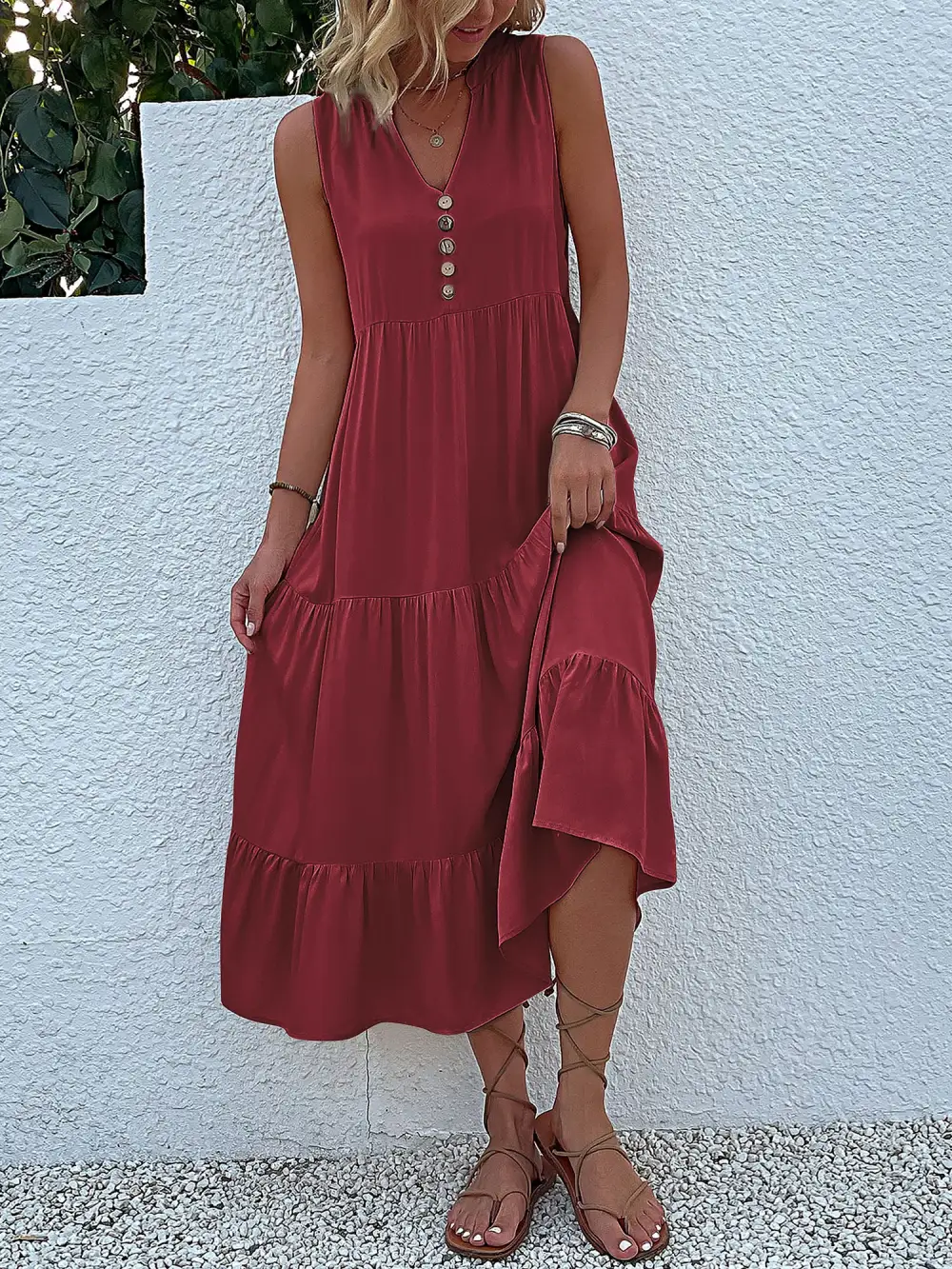 Notch-Neck Buttoned Sleeveless Tiered Midi Dress